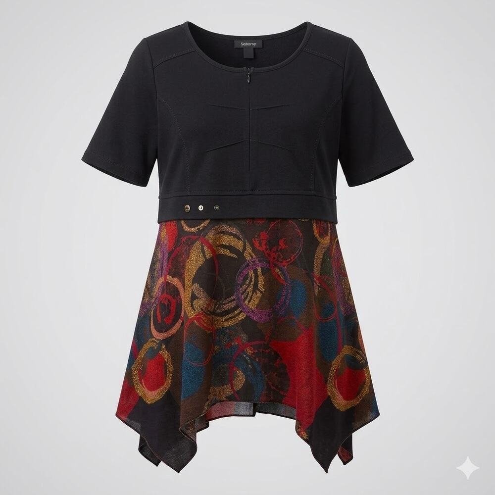Tunic Top Women's Plus Size 14/16 Black Art Print Asymmetrical Hem Boho Stretch